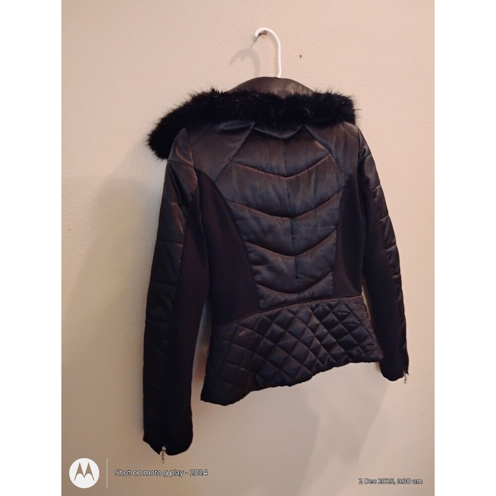 White Black XS Black Puffer Jacket Faux Fur Hood Quilted Coat